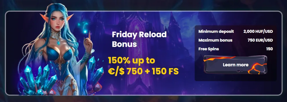 SlotsGem Freitag Reload Bonus Banner mit 150% bis zu €/$ 750 und 150 Freispiele